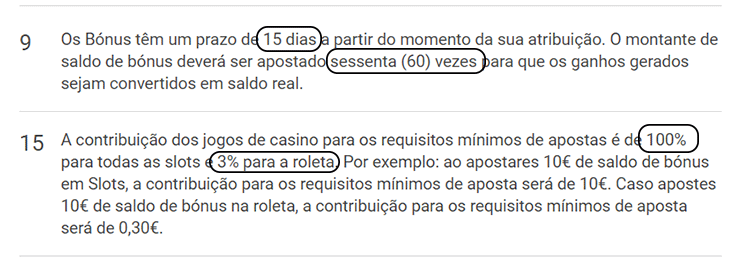 Exemplo de condições de um bónus de registo