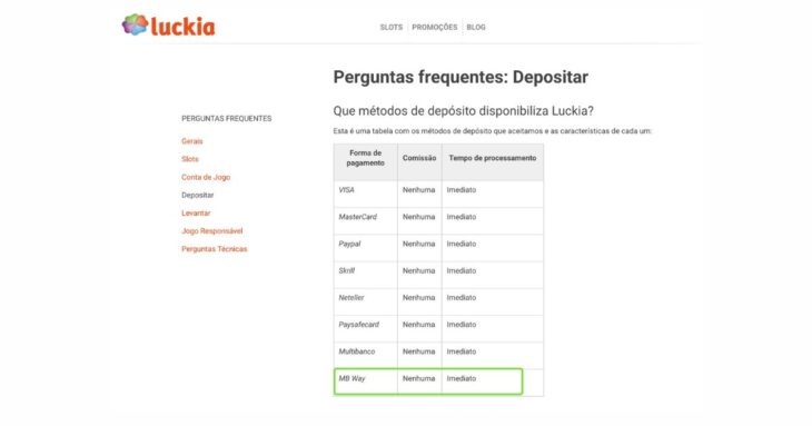 Os métodos de depósito na Luckia incluem MB WAY